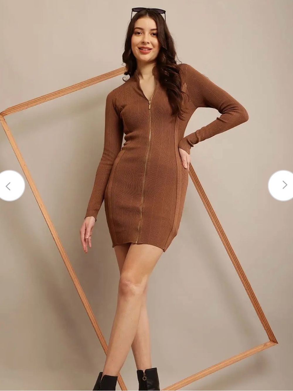Guess Brown Ribbed Zip-Front Long Sleeve Dress